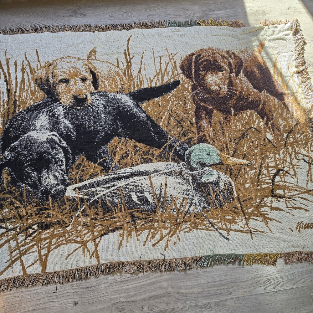 Vtg Jim Killen Puppy Dog Tapestry Throw Blanket Woven Cotton USA Hunting Duck